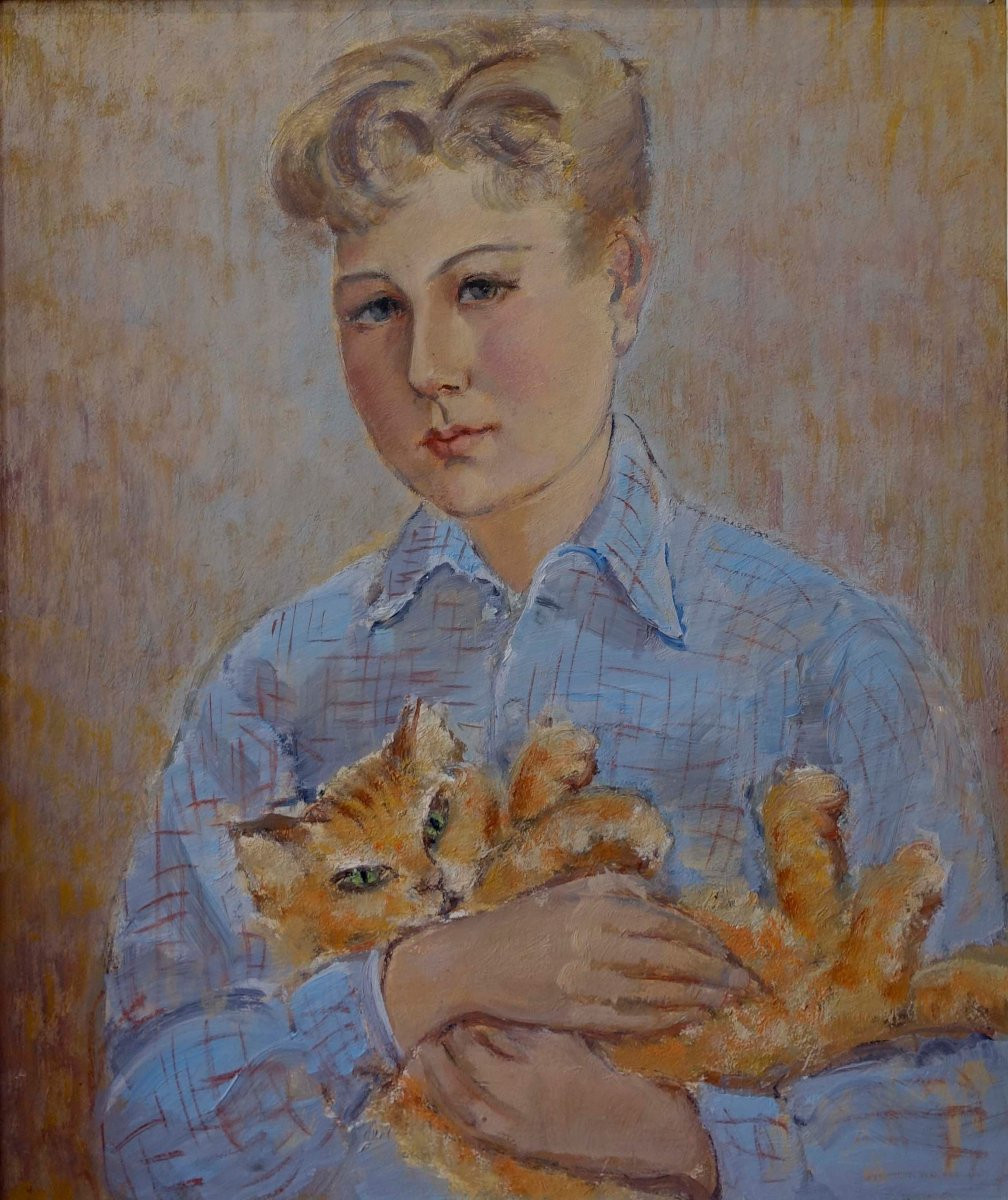 Child With Cat 1950 – Painter To Identify --photo-2