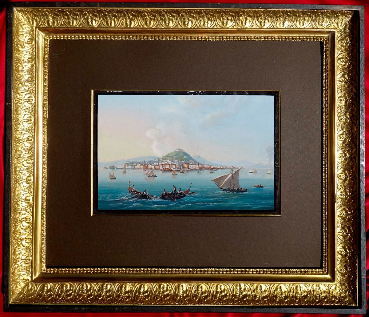 Grande Gouache Napolitaine XIXème - Cadre Restauration -