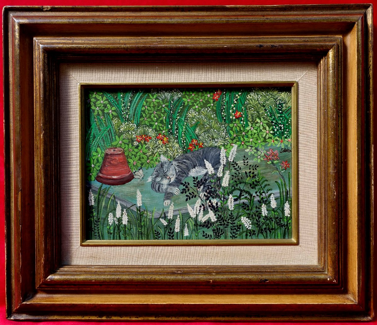 Chat Endormi &ndash; Na&iuml;f 1960 &ndash; Signature &agrave; D&eacute;chiffrer -