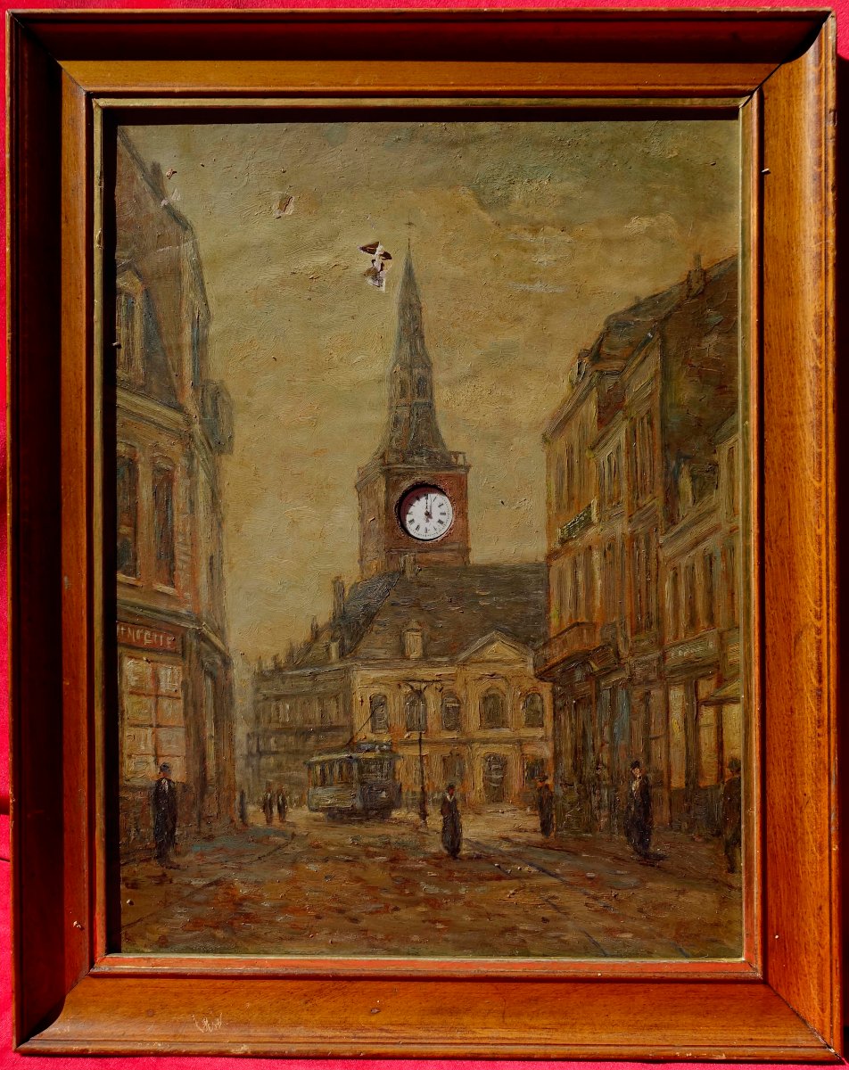A Busy Street With A Tram, 1910 – With A Clock In The Bell Tower -