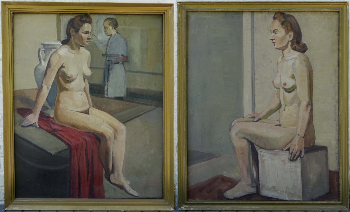 Self-portrait And Nudes In The Studio, 1940—a Pair—