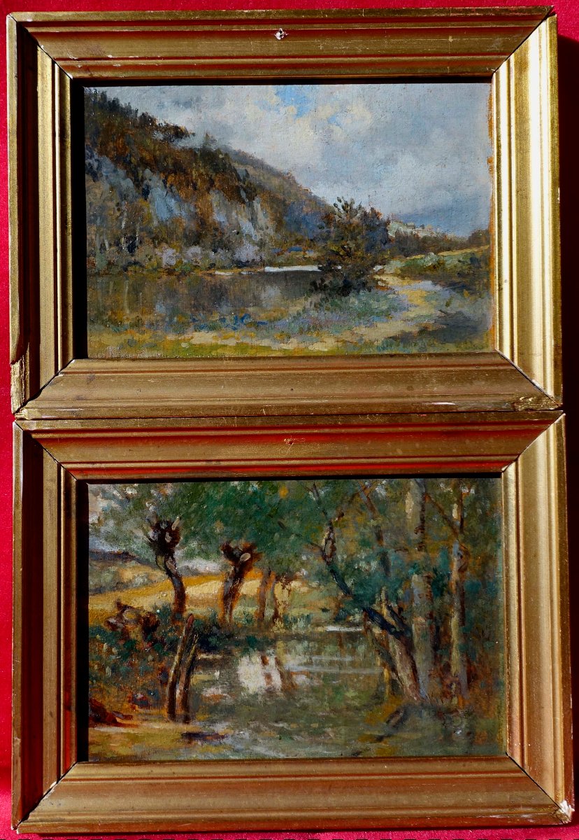 Maurice Jullien - Pair Of Miniatures, 1910 + 1 Small Barbizon, 1890 --photo-2