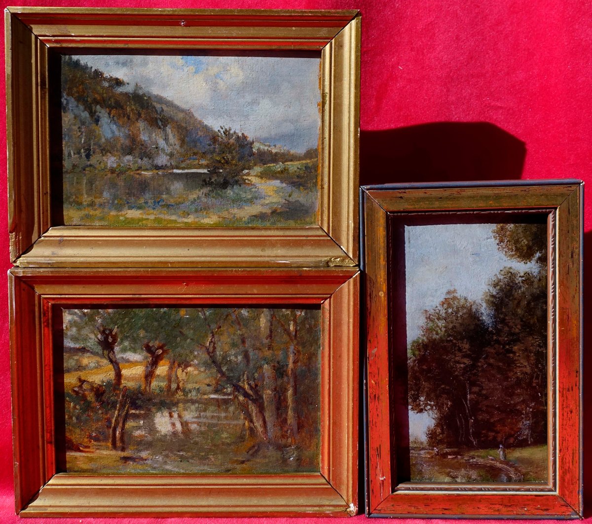 Maurice Jullien - Pair Of Miniatures, 1910 + 1 Small Barbizon, 1890 -
