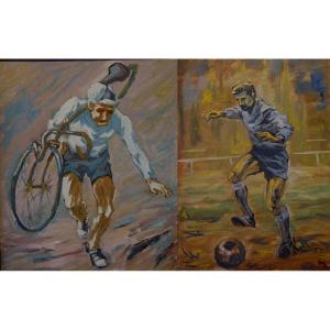 Football And Cyclo-cross 1960 - 2 Oils On Panels - 
