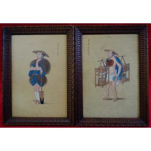 Japan Around 1890 - Pair Of Gouaches On Fabrics - 