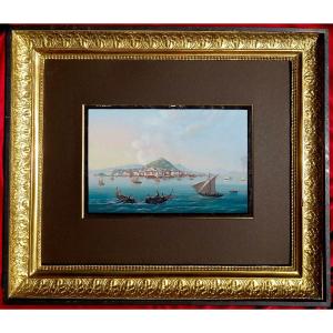 Grande Gouache Napolitaine XIXème - Cadre Restauration -
