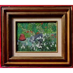 Chat Endormi – Naïf 1960 – Signature à Déchiffrer -