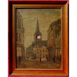 A Busy Street With A Tram, 1910 – With A Clock In The Bell Tower -