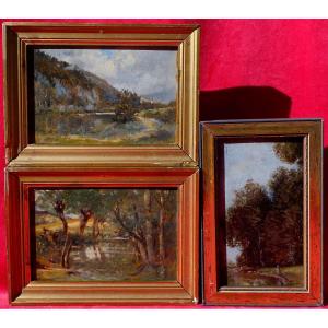 Maurice Jullien - Paire de Miniatures 1910 + 1 Petit Barbizon 1890 -
