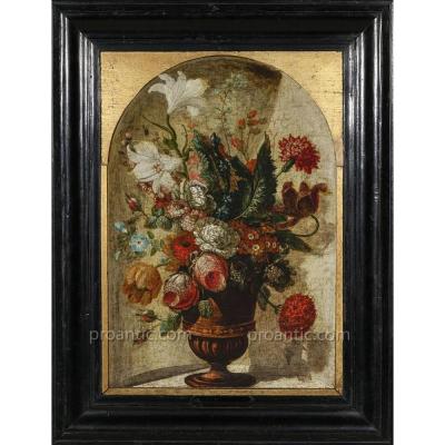 Ecole flamande XVIIe, Ambrosius BOSSCHAERT (cercle de) Composition florale dans vase Médicis