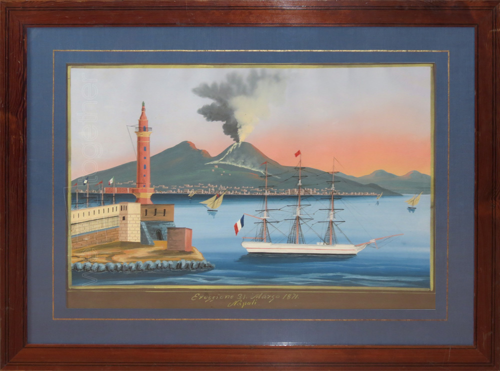 Gouache Nineteenth Neapolitan, Eruption Of Vesuvius De1871 At Dawn, From The Lighthouse Of Naples