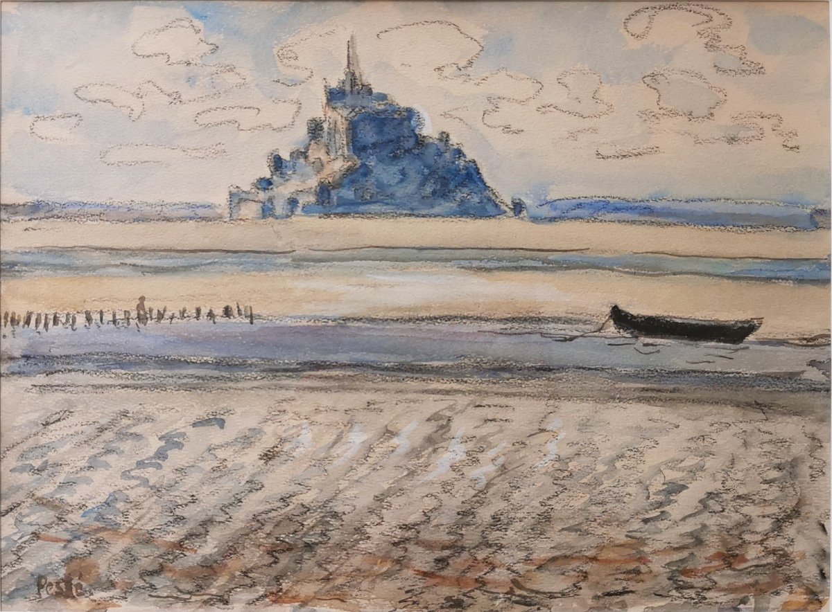 Jean Peské - Mont-saint-michel And Its Bay - Signed Watercolor, Post-impressionnism-photo-2