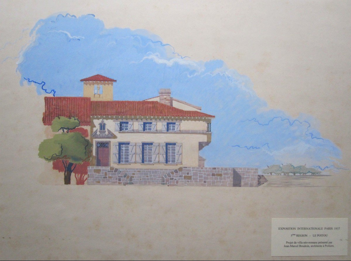 Jean-Marcel BOUDOUIN, dessin architecture exposition internationale 1937 Gouache Art déco-photo-2