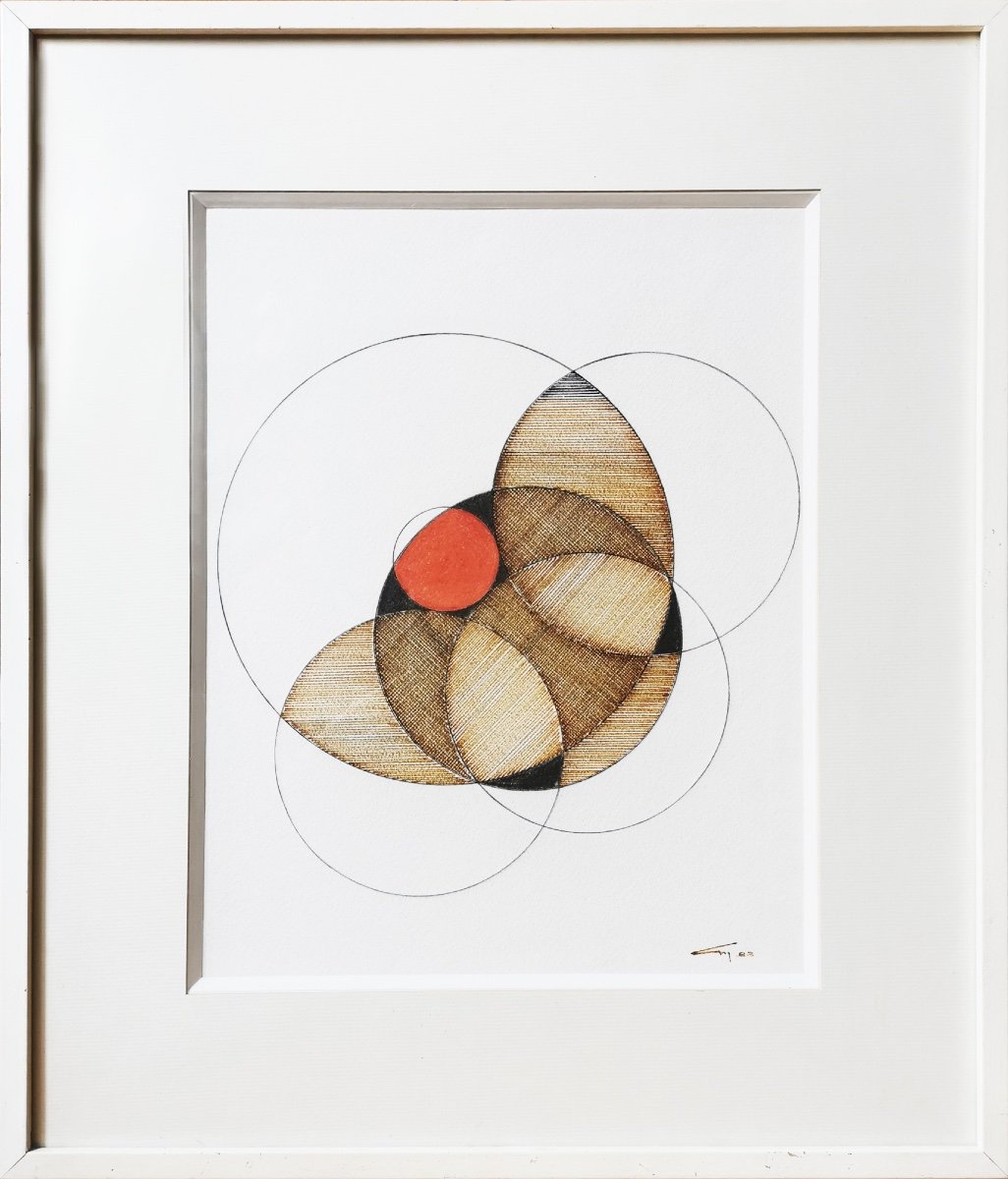 Geometric Abstraction, Drawing Signed And Dated 1983, Graphite, Red, Black And Brown Ink
