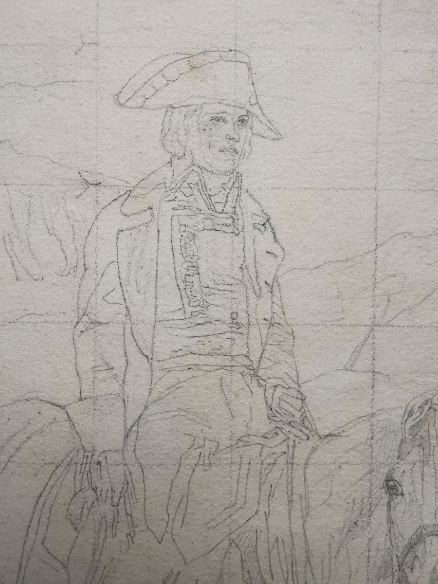 Napoléon Bonaparte à cheval traversant les Alpes Dessin au carreau École Française 19e Consulat