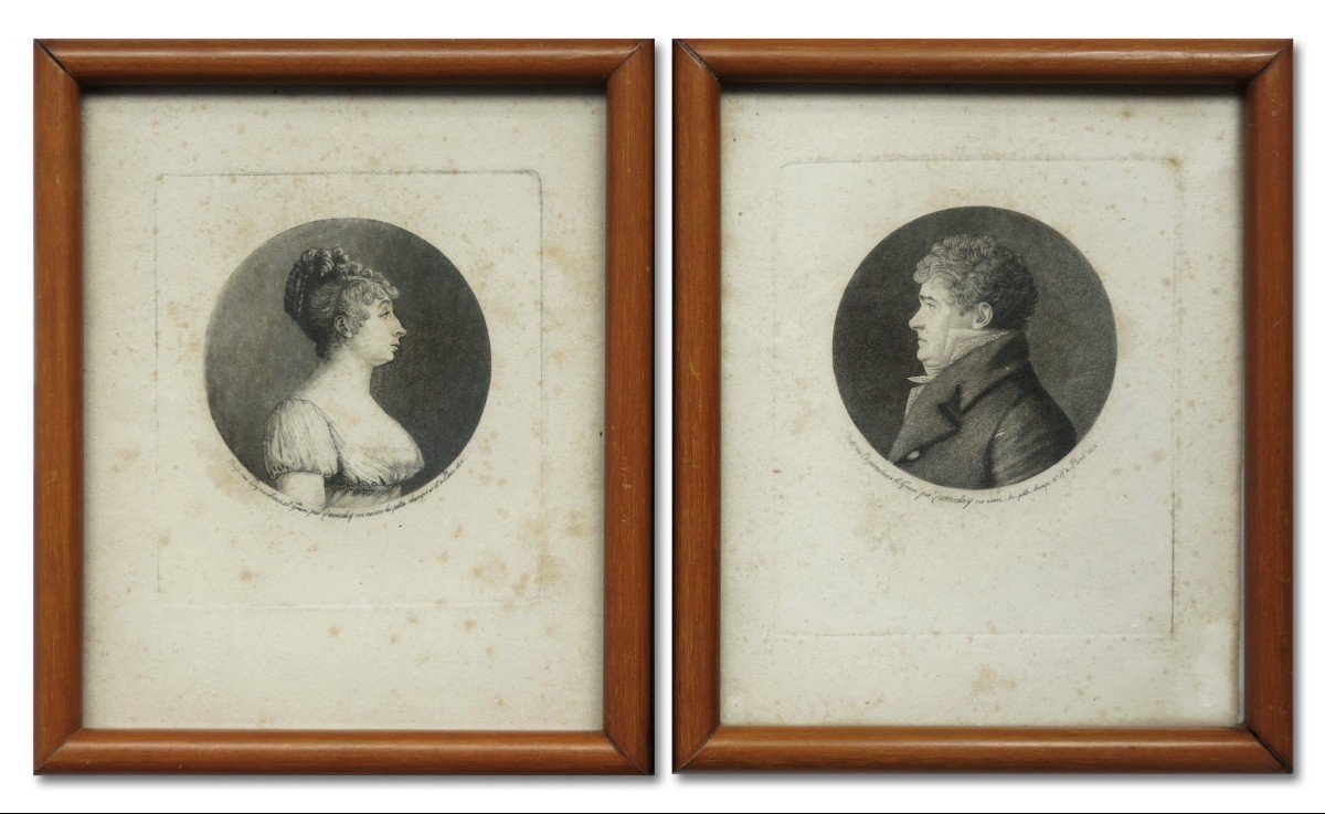 Edmé  Quenedey, 2 Physionotraces, portraits d’un homme et d’une femme 1er Empire, 1810