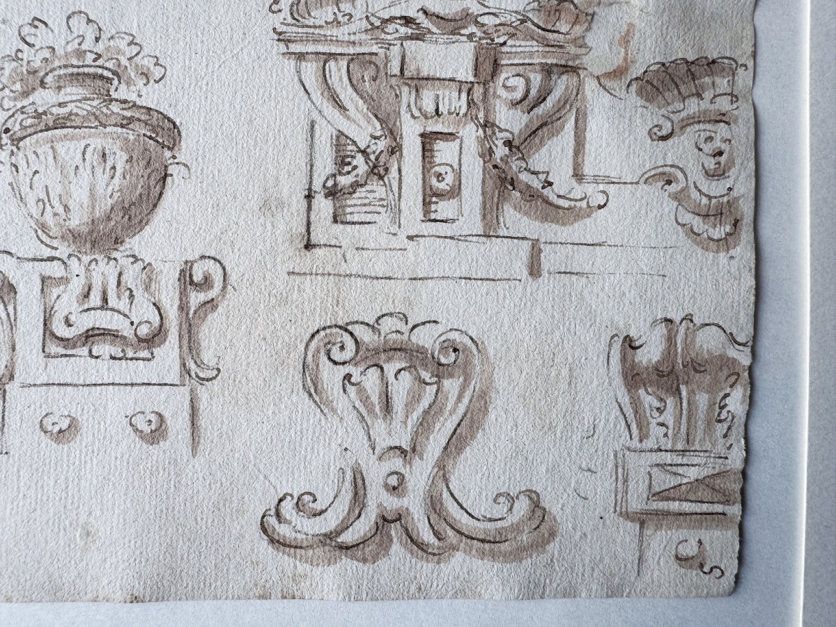 Ec. Italienne fin XVIe – XVIIe, plume, lavis d’encre brune, étude de motifs architecturaux-photo-1