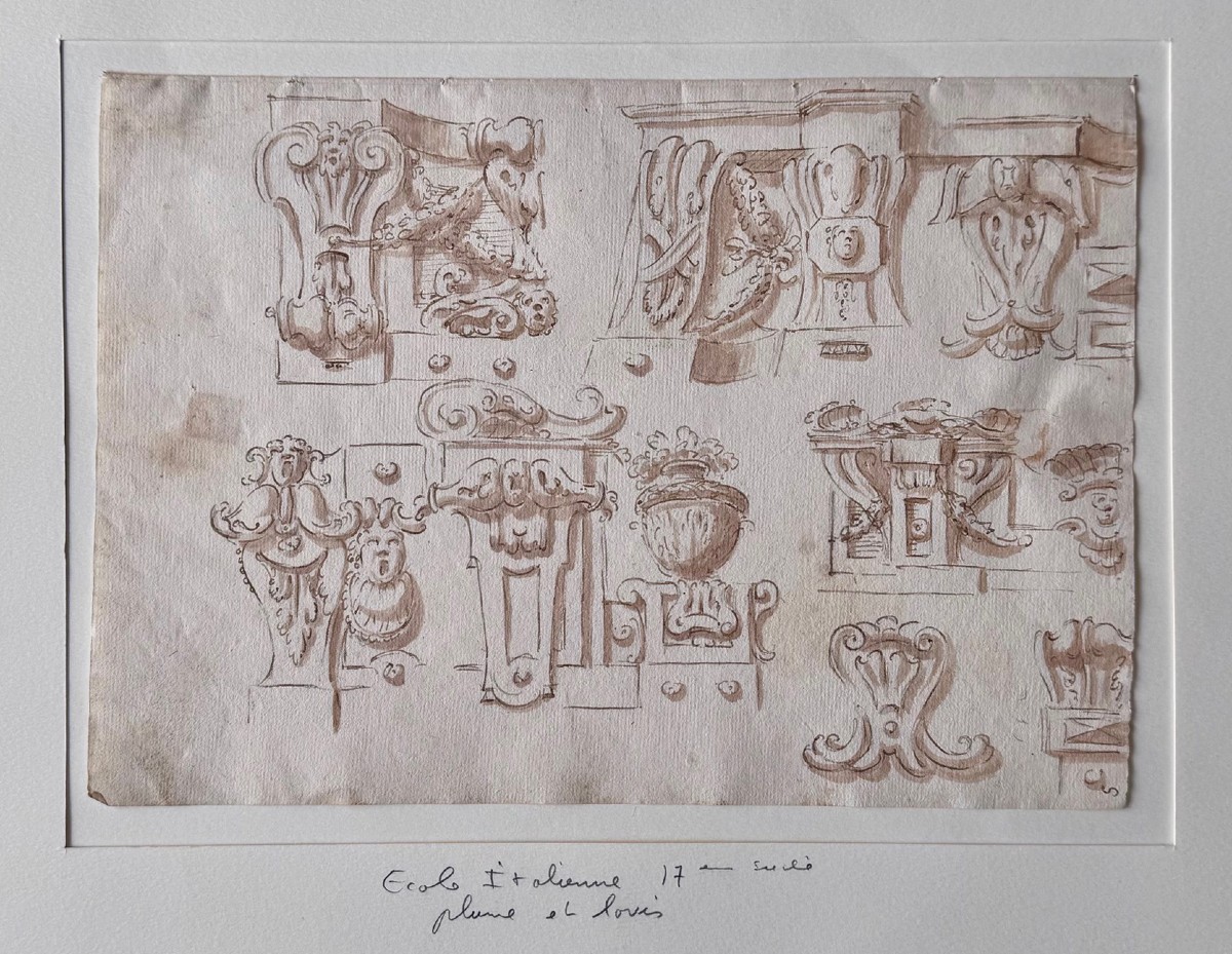 Ec. Italienne fin XVIe – XVIIe, plume, lavis d’encre brune, étude de motifs architecturaux