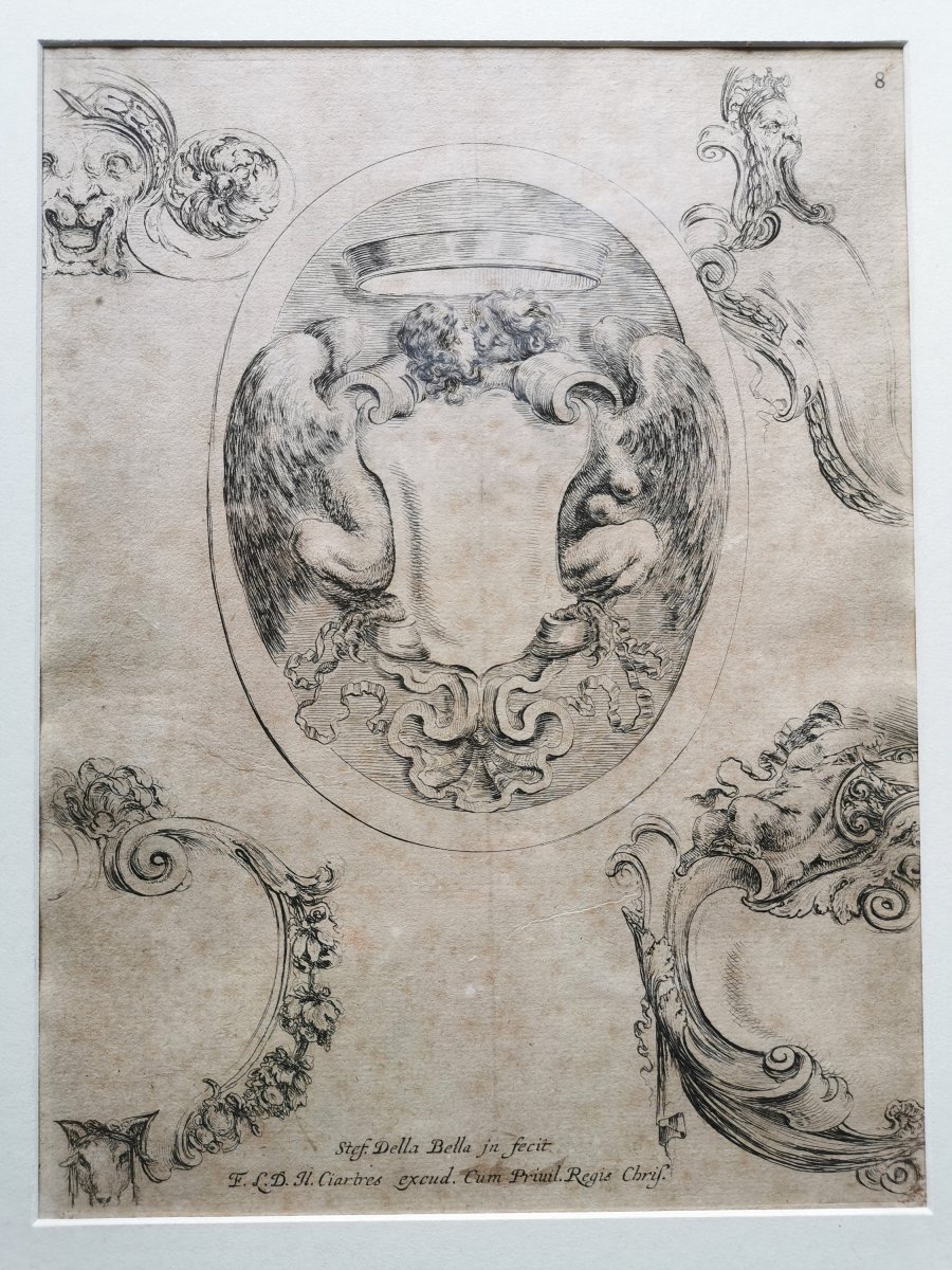 Stefano Della Bella, 2 Baroque Etchings 17th Century, 1646, Raccolta..cartele Et Ornamenti, N°12+8-photo-3