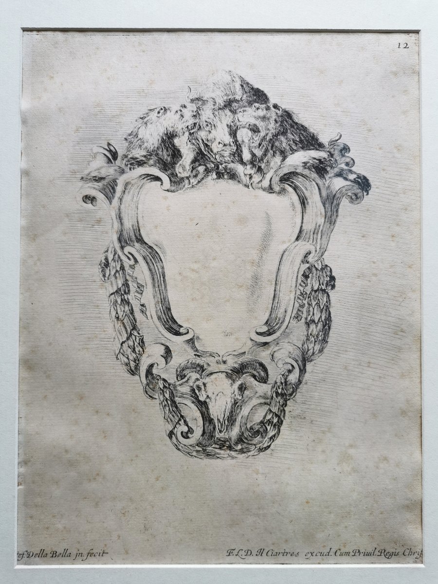 Stefano Della Bella, 2 Baroque Etchings 17th Century, 1646, Raccolta..cartele Et Ornamenti, N°12+8-photo-4