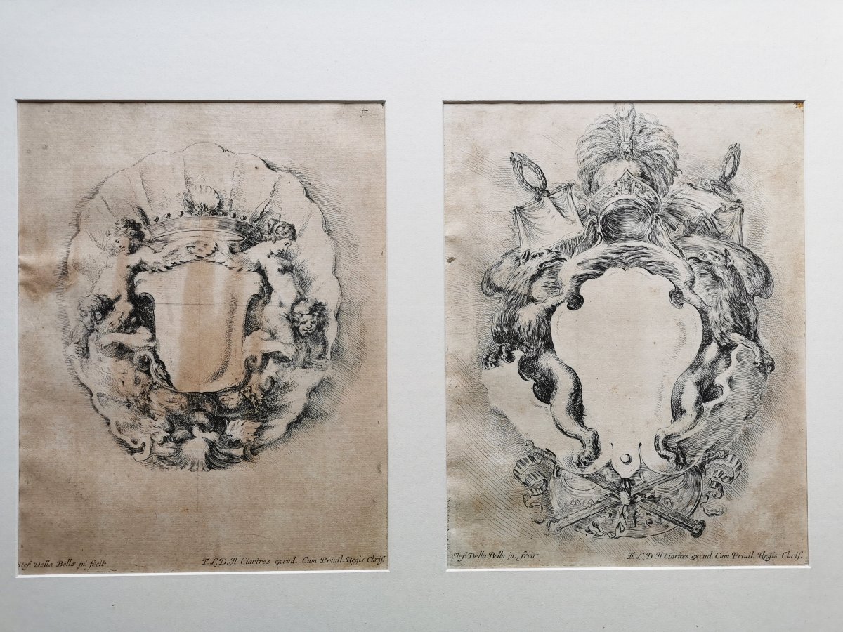 Stefano Della Bella, 2 Baroque Etchings 17th Century, 1646, Raccolta..cartele Et Ornamenti, No. 4+7-photo-2