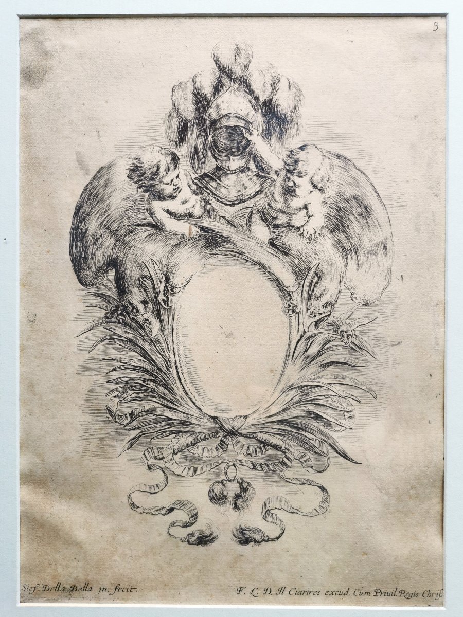 Stefano Della Bella, 2 Baroque Etchings 17th Century, 1646, Raccolta..cartele Et Ornamenti, N°5+3-photo-3