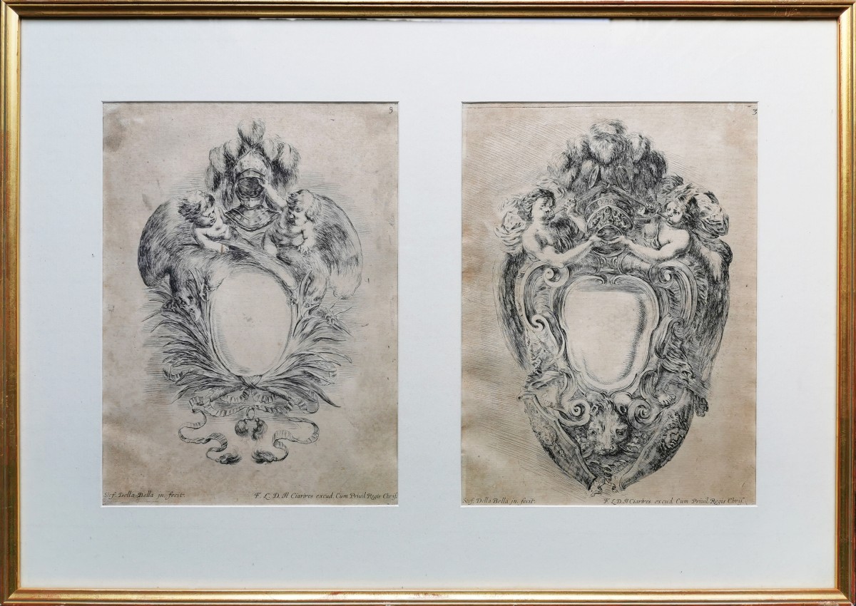 Stefano Della Bella, 2 Baroque Etchings 17th Century, 1646, Raccolta..cartele Et Ornamenti, N°5+3