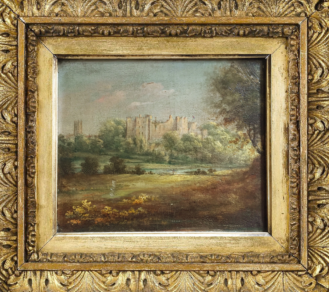 Ecole anglaise XIXe, Château en ruines en bord de rivière, Huile sur panneau-photo-2