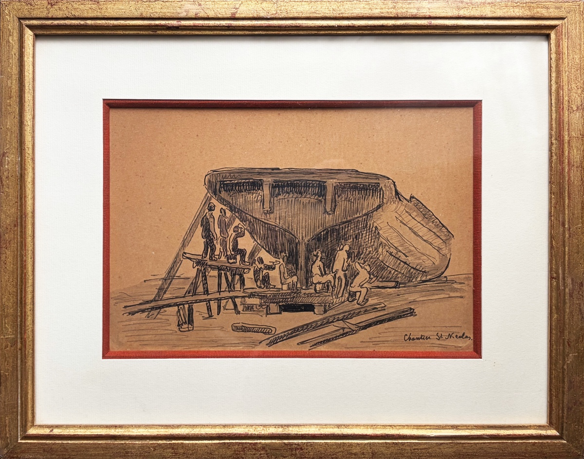 Jean PESKÉ, Chantier Saint Nicolas,  Dessin plume, lavis d’encre & crayon, Situé par l’artiste 