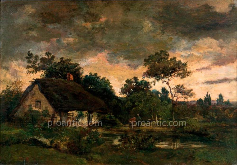Théodore ROUSSEAU (cercle de), Ferme au crépuscule, HSP monogrammé TH R