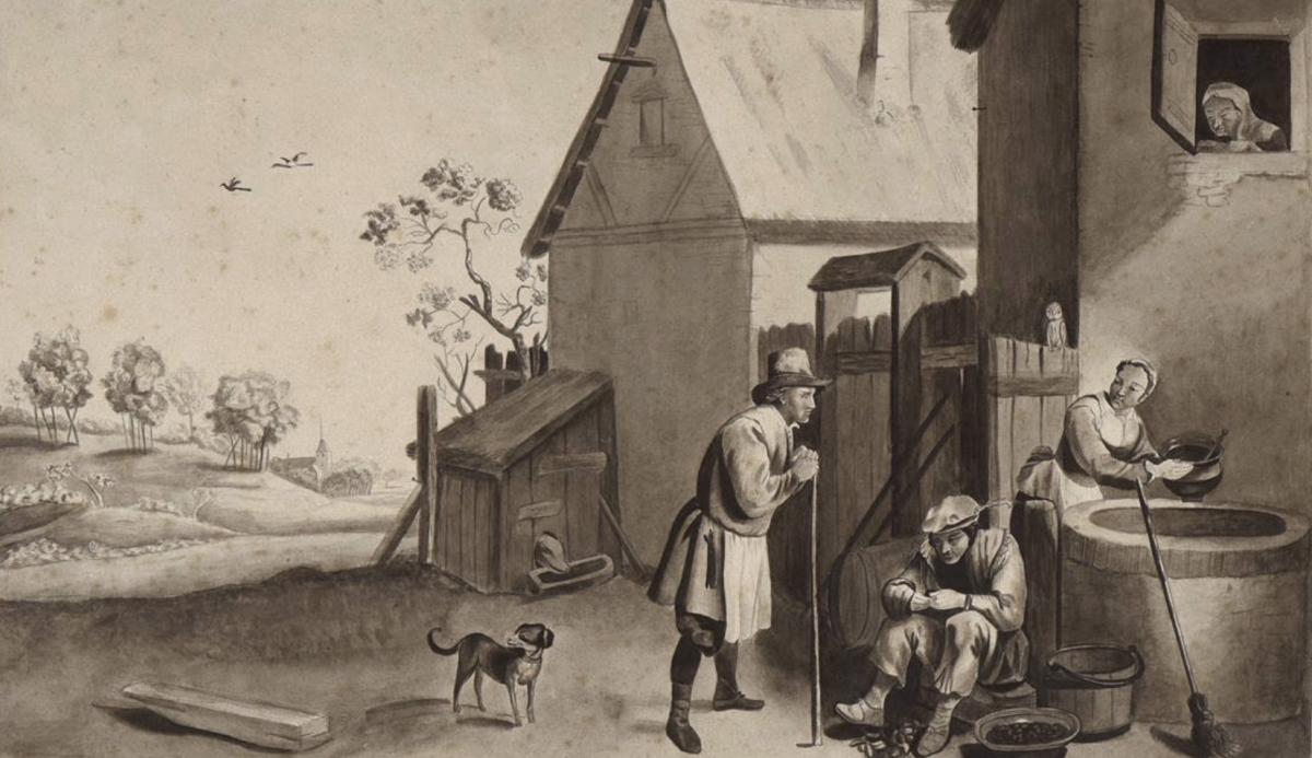 Suiveur ou atelier de David Téniers II (1610-1690) « La ferme », dessin au lavis, fin XVIIe-photo-2