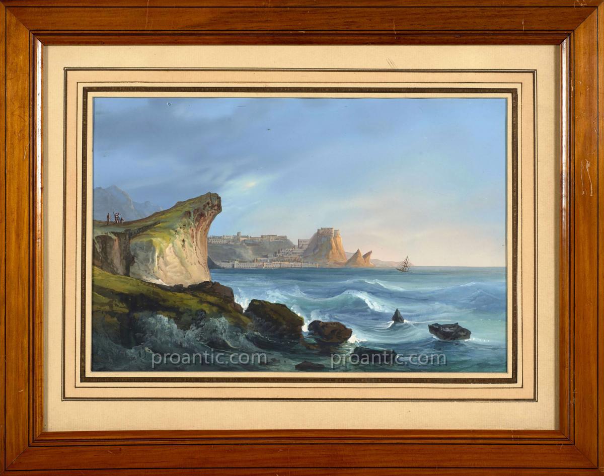 19th Century Neapolitan Gouache View Of The Flows Of The Scilla Bay In Italy