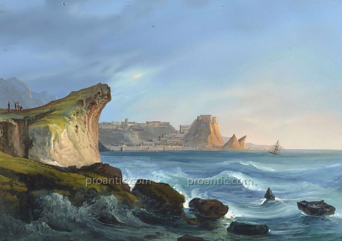 19th Century Neapolitan Gouache View Of The Flows Of The Scilla Bay In Italy-photo-2