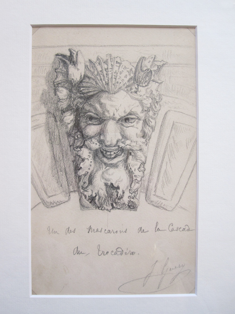 Mascaron (cascade From Trocadero), Pencil Drawing Signed Guéry, After Rodin-photo-2