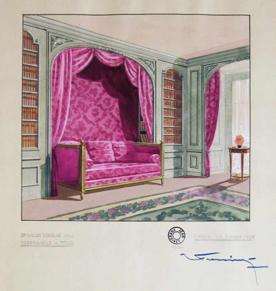 Jean FRESSINET, Salon boudoir de Mlle Field, Gouache Art déco signée,1928