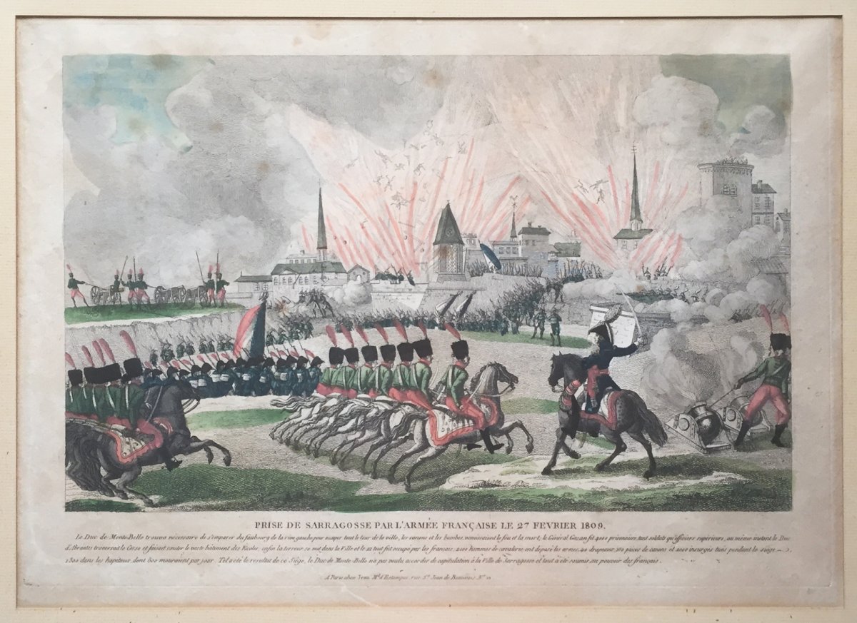 Prise de Saragosse, Napoléon, Eau forte aquarellée et gouachée, époque Ier Empire-photo-2