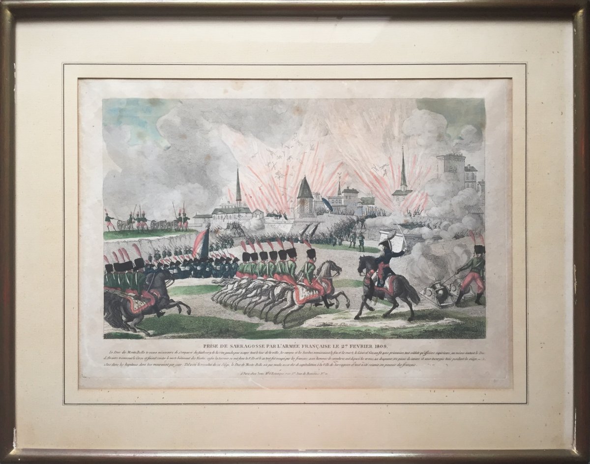Prise de Saragosse, Napoléon, Eau forte aquarellée et gouachée, époque Ier Empire