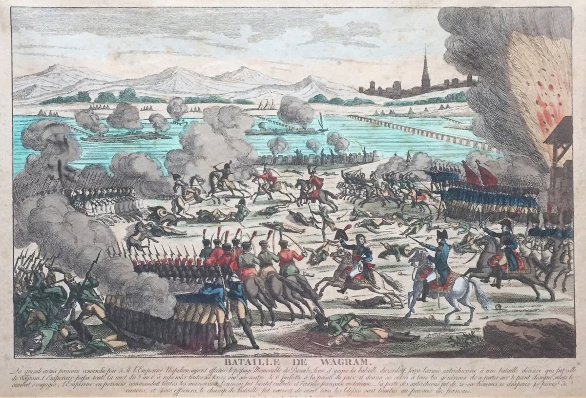 Bataille de Wagram, Napoléon, eau-forte aquarellée d’époque Ier Empire, Jean éditeur-photo-2