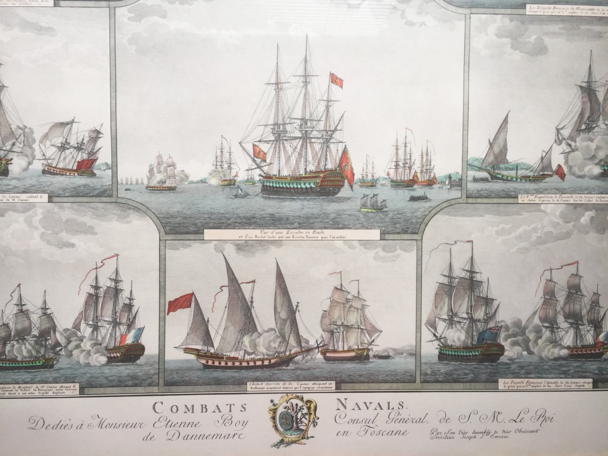 Combats navals, grande gravure ancienne aquarellée, marine militaire historique, fin 18e-photo-3