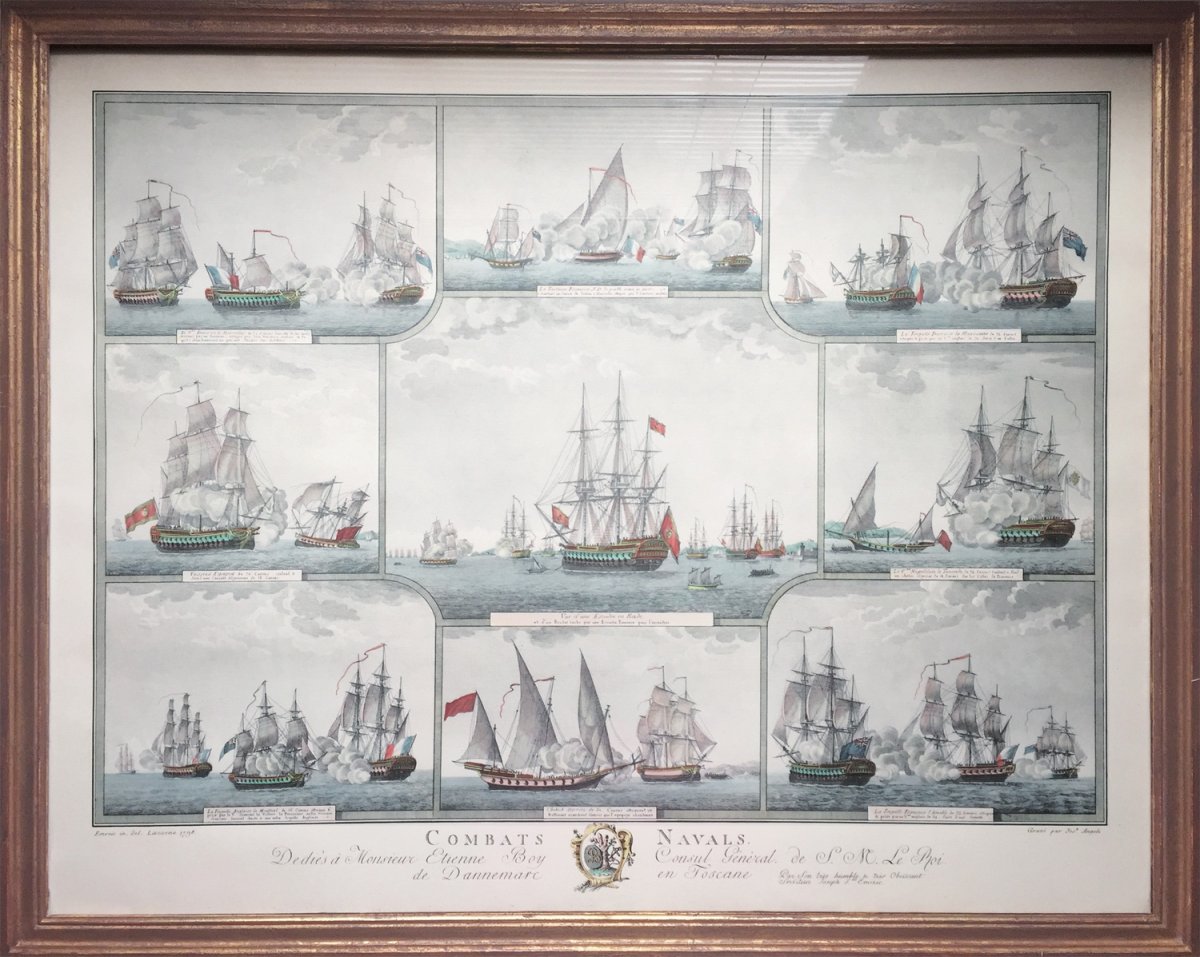 Combats navals, grande gravure ancienne aquarellée, marine militaire historique, fin 18e