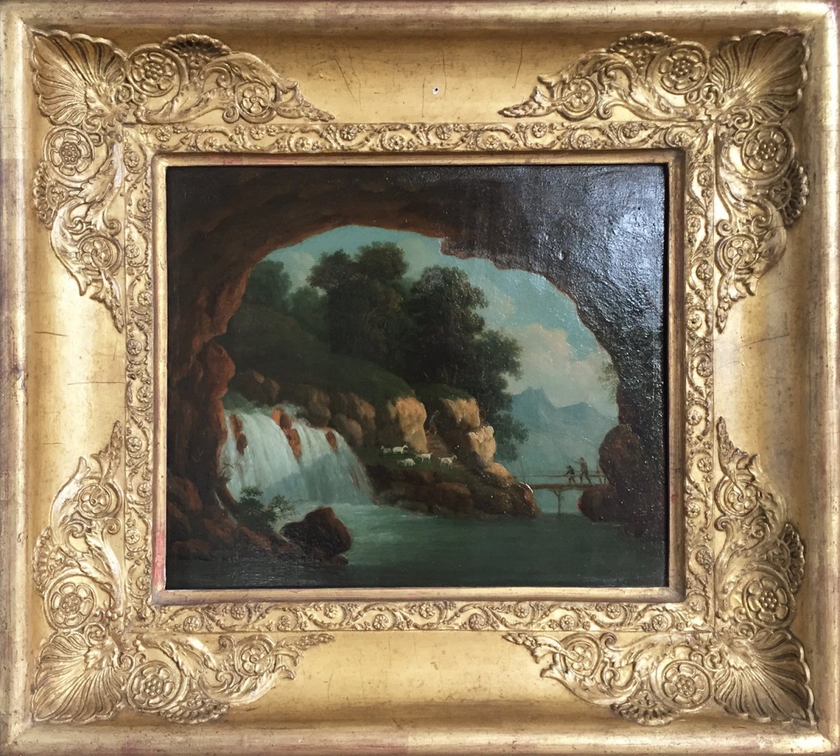 Ecole Française Préromantique Vers 1800 (fin XVIIIe), Cascade (tivoli ?) Vue Depuis Une Grotte