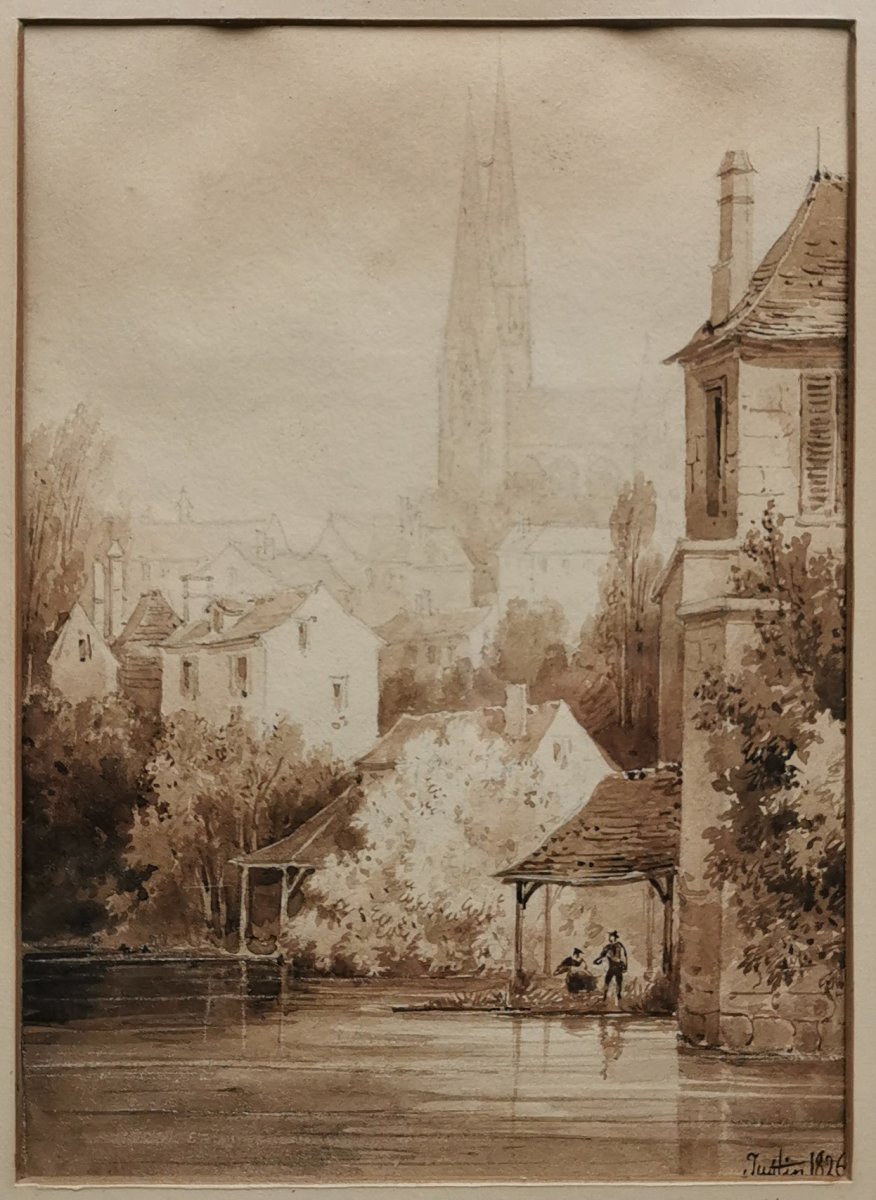 Pierre Justin Ouvrié (1806-1879), Chartres et sa cathédrale, Dessin au lavis daté 1826-photo-2