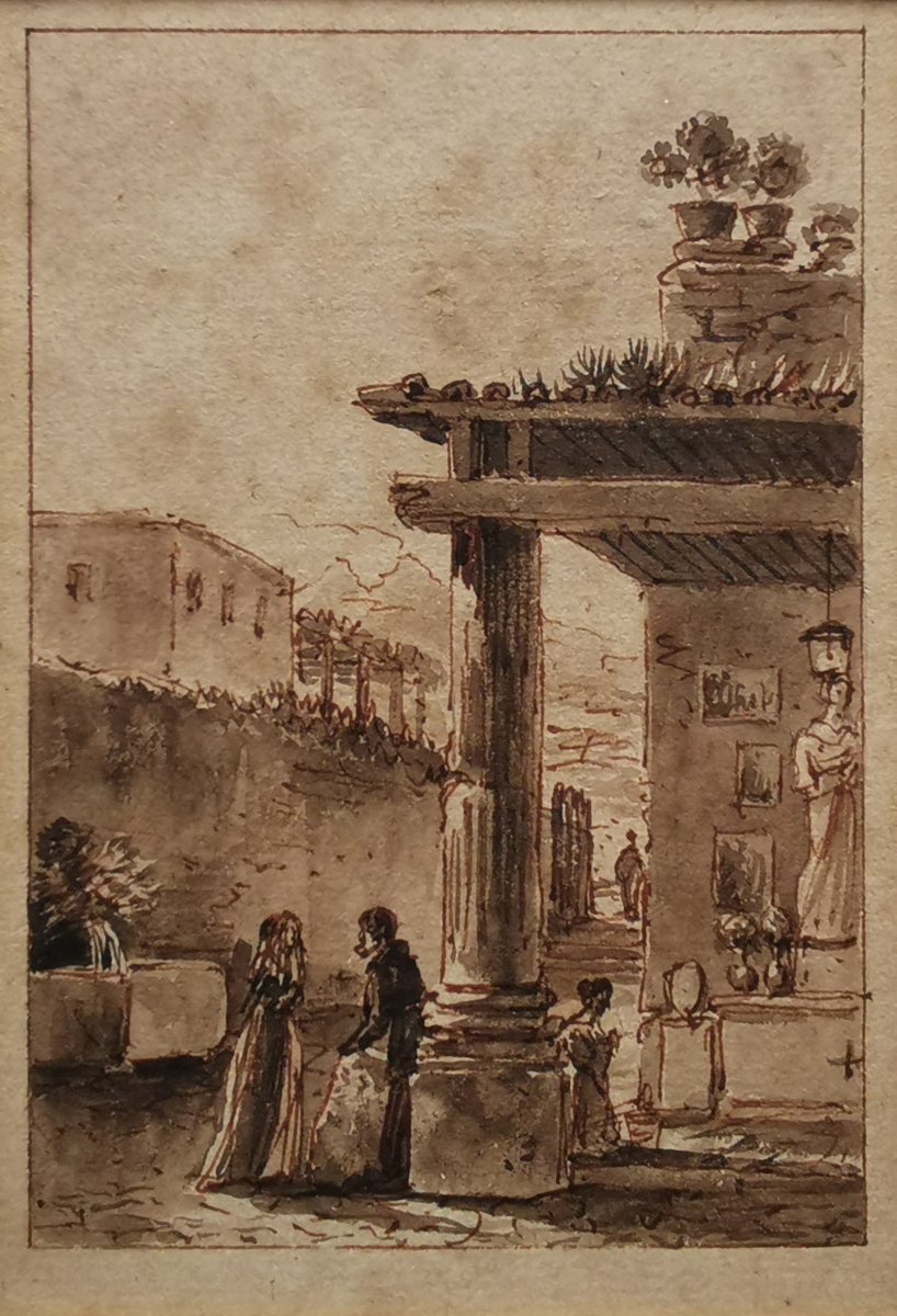 Victor Jean NICOLLE (1754-1826), Dessin à la plume, Conversation dans un village en Italie-photo-2