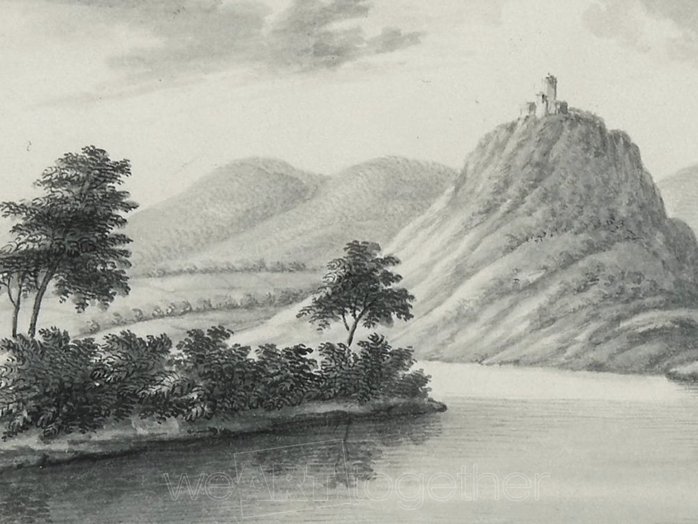 Antoine LELOUP, veduta XVIIIe des Siebengebirge en bord du Rhin, plume et encre de chine, signé-photo-3