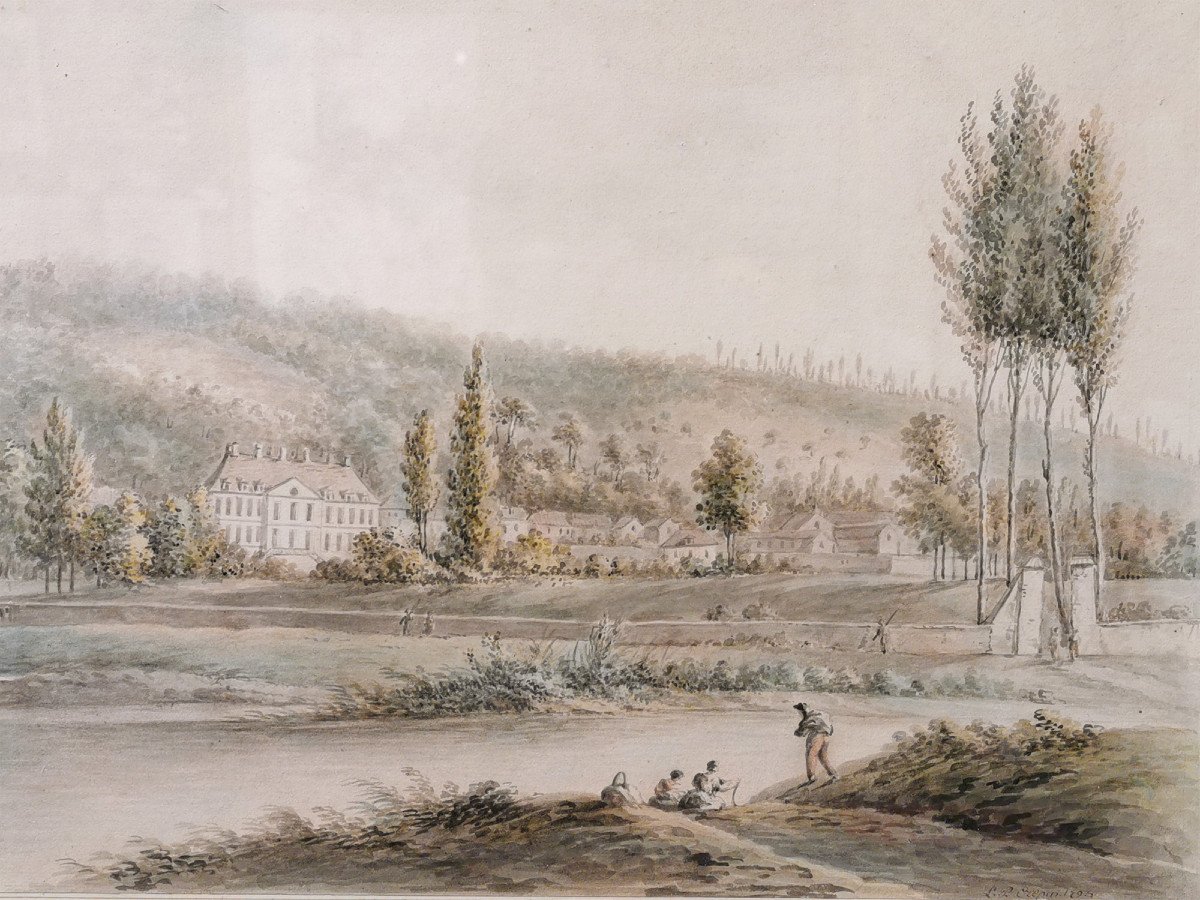 Louis Philippe CRÉPIN (1772-1851) Paysage animé au manoir, Dessin aquarellé signé, daté 1793-photo-3