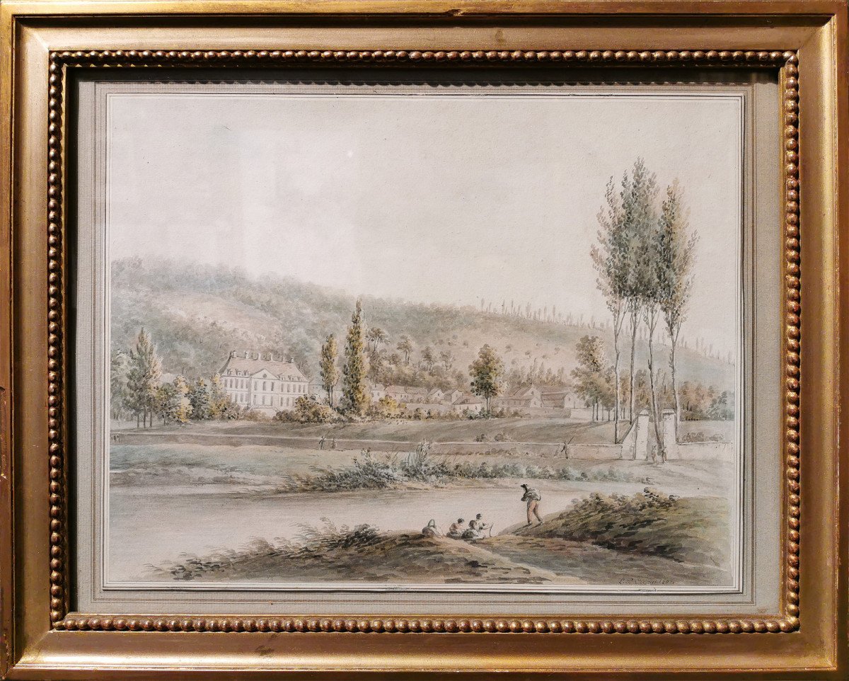 Louis Philippe CRÉPIN (1772-1851) Paysage animé au manoir, Dessin aquarellé signé, daté 1793