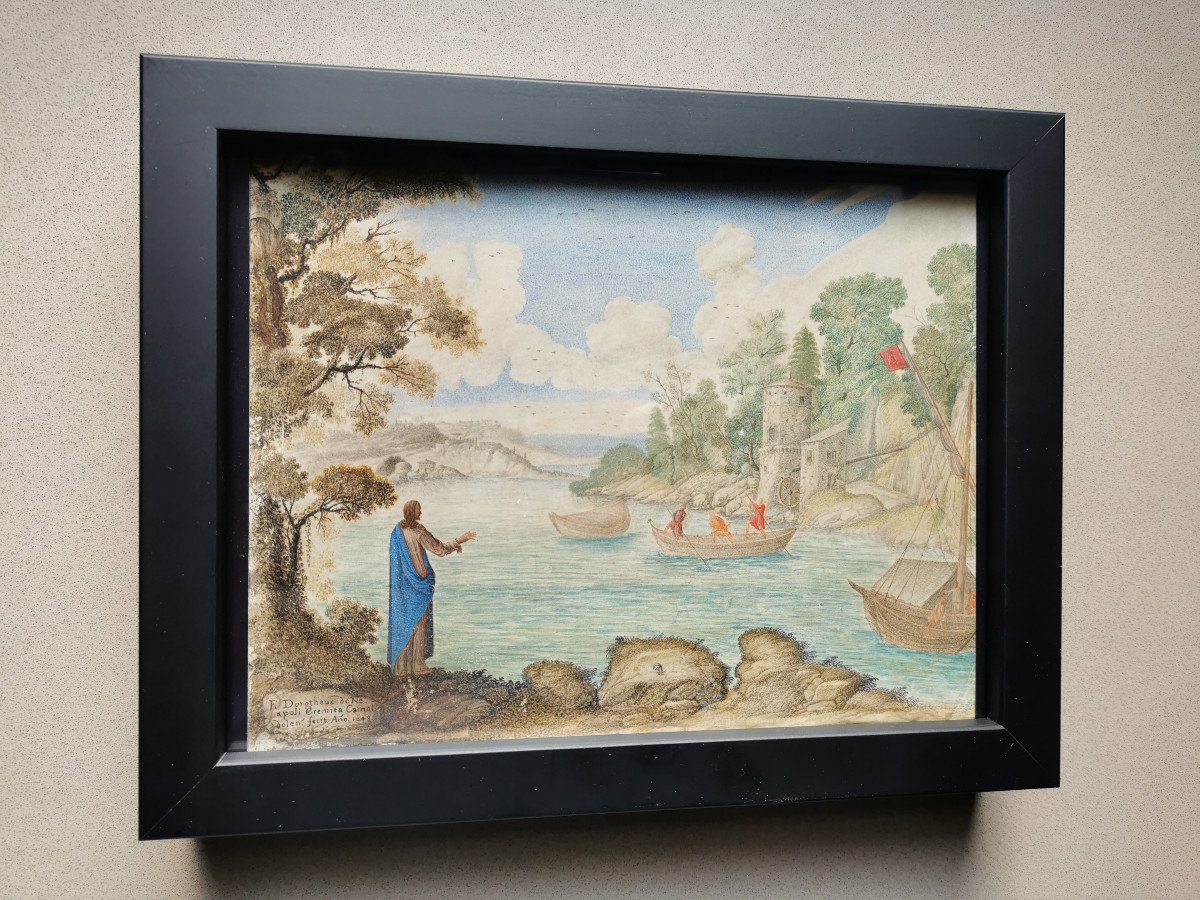 Dorotheus, Mirabilis Piscantur, Italian Neapolitan Gouache 17th Laminated On Copper 1643-photo-2
