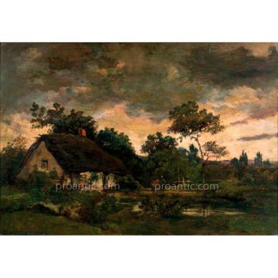 Théodore ROUSSEAU (cercle de), Ferme au crépuscule, HSP monogrammé TH R