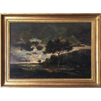 Théodore ROUSSEAU (cercle de), Paysage de fin d’orage, HSP monogramme TH R