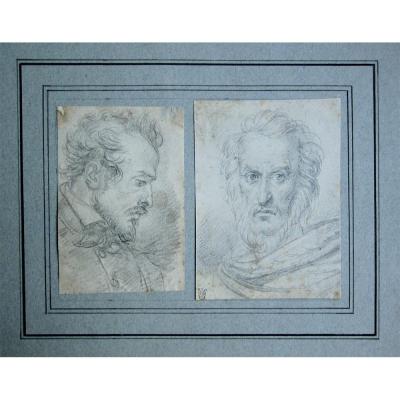 Portraits Of Two Men Of Quality, French School Drawing From XIXth Century